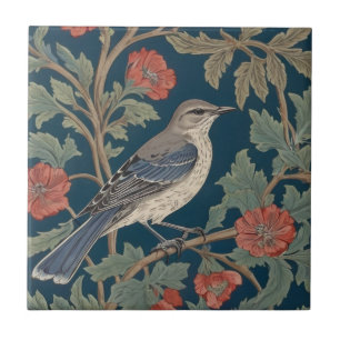 William Morris style Right facing Mockingbird Bird Tile