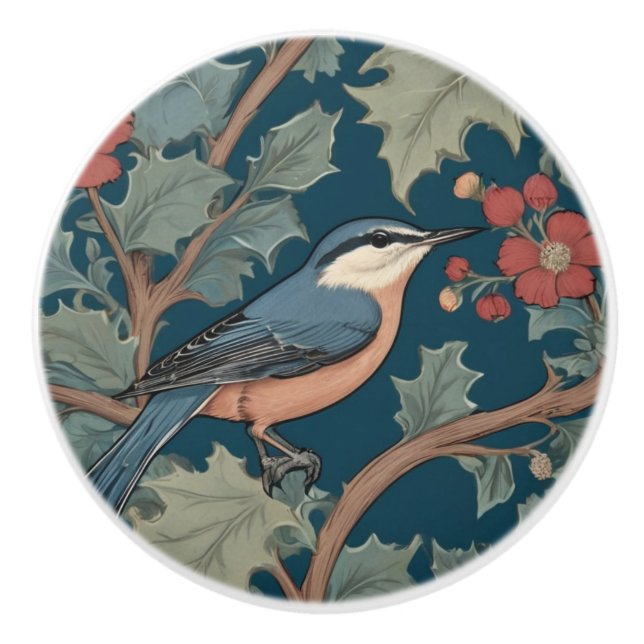 William Morris style Right Facing Nuthatch Bird Ceramic Knob (Front)