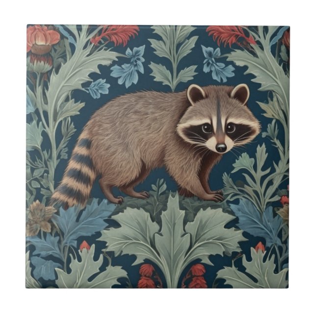 William Morris style Right Facing Racoon Tile (Front)