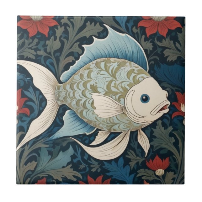 William Morris style Right Fish Nautical Sea Ocean Tile (Front)