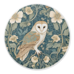 William Morris style Right Teal Cream Barn Owl Ceramic Knob
