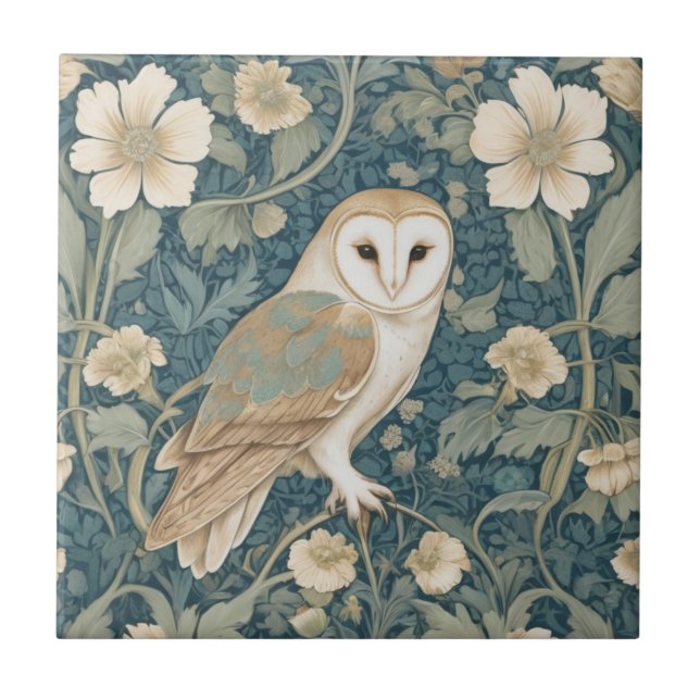William Morris style Right Teal Cream Barn Owl Tile (Front)