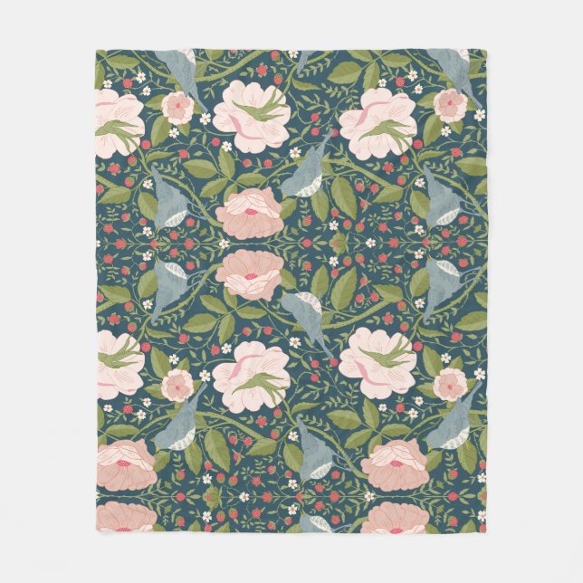 William Morris Style Strawberry Thief Floral Fleece Blanket (Front)