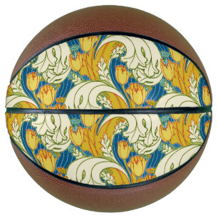 William Morris Style Teal & Gold Tulip Floral Art Basketball
