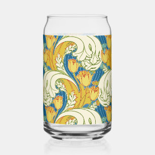 William Morris Style Teal & Gold Tulip Floral Art Can Glass
