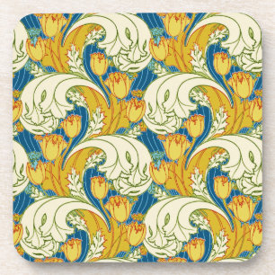 William Morris Style Teal & Gold Tulip Floral Art Coaster