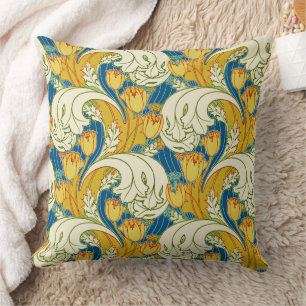 William Morris Style Teal & Gold Tulip Floral Art Cushion