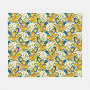William Morris Style Teal & Gold Tulip Floral Art Fleece Blanket