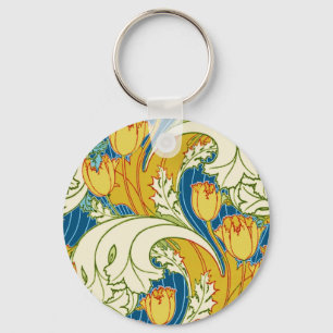 William Morris Style Teal & Gold Tulip Floral Art Key Ring