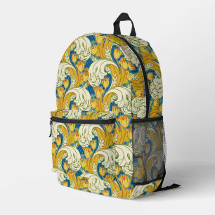William Morris Style Teal & Gold Tulip Floral Art Printed Backpack
