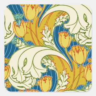 William Morris Style Teal & Gold Tulip Floral Art Square Sticker