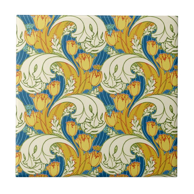 William Morris Style Teal & Gold Tulip Floral Art Tile (Front)