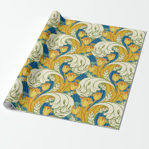 William Morris Style Teal & Gold Tulip Floral Art Wrapping Paper
