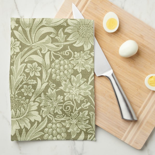 William Morris Sunflower Green Flower  Tea Towel (Quarter Fold)