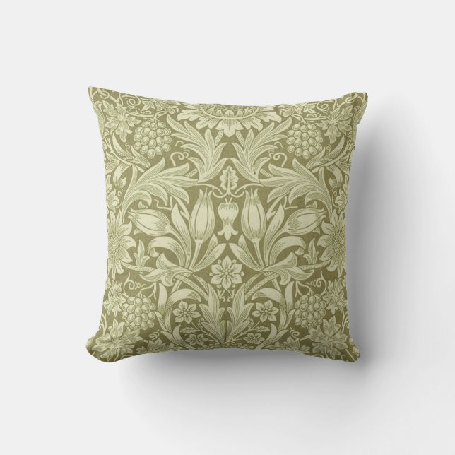 William Morris Sunflower Vintage Olive Damask Cushion (Front)