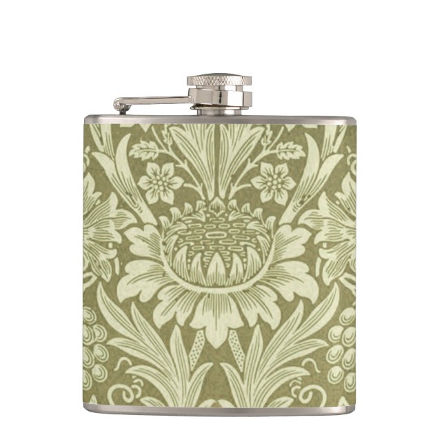 William Morris Sunflower Vintage Olive Damask Hip Flask (Front)