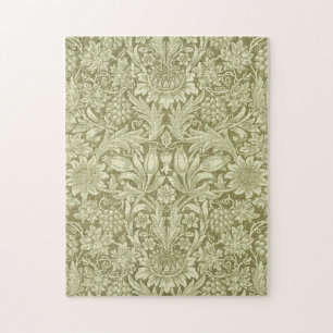 William Morris Sunflower Vintage Olive Damask Jigsaw Puzzle