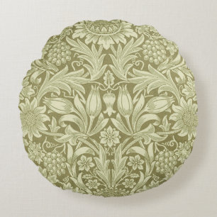 William Morris Sunflower Vintage Olive Damask Round Cushion
