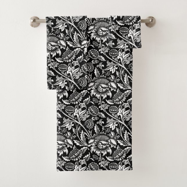 William Morris Sunflowers, Black and White Bath Towel Set (Insitu)