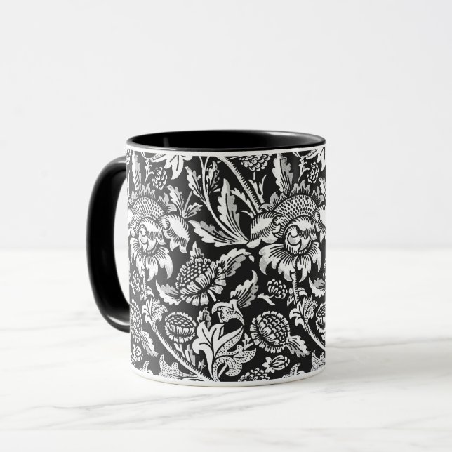 William Morris Sunflowers, Black, White and Grey Mug (Front Left)