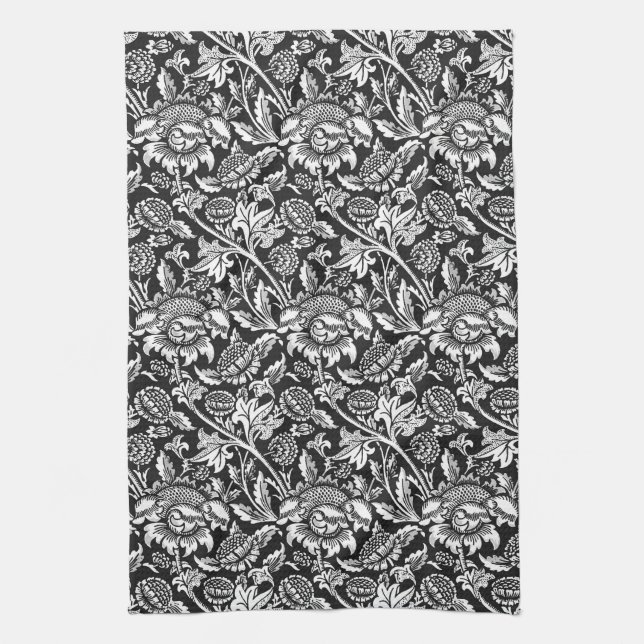 William Morris Sunflowers, Black, White and Grey Tea Towel (Vertical)