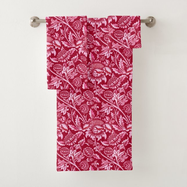 William Morris Sunflowers, Burgundy and Pink  Bath Towel Set (Insitu)