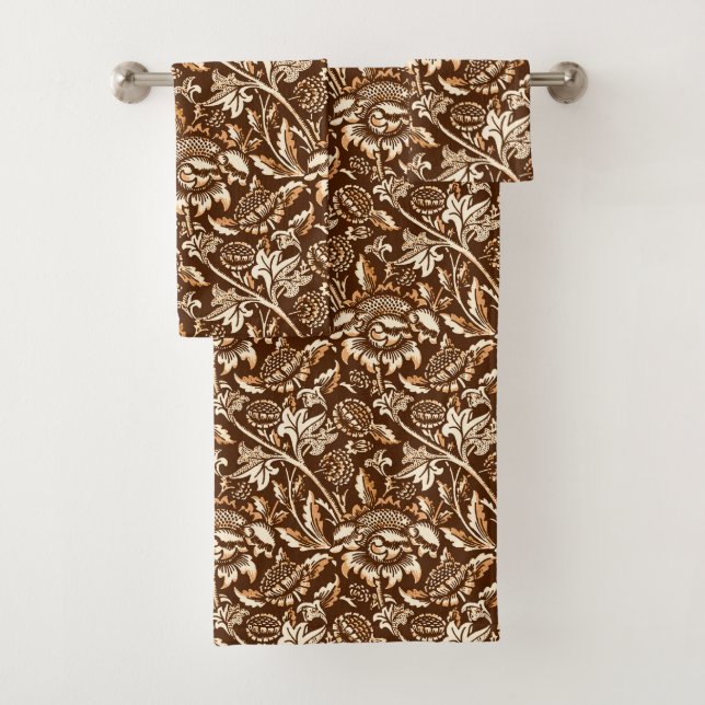 William Morris Sunflowers, Chocolate Brown & Beige Bath Towel Set (Insitu)