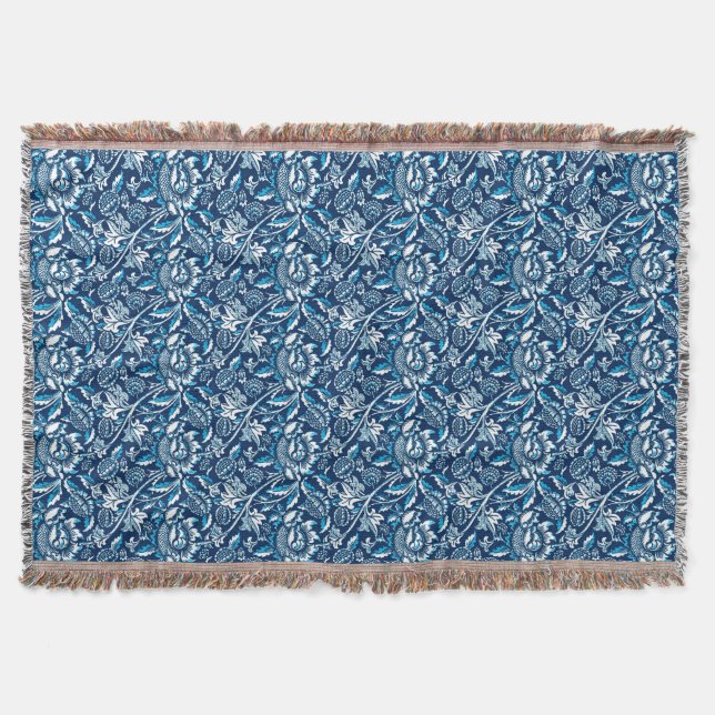 William Morris Sunflowers, Dark Blue and White Throw Blanket (Front)