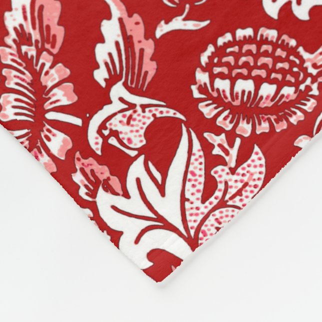 William Morris Sunflowers, Deep Red and White Fleece Blanket (Corner)