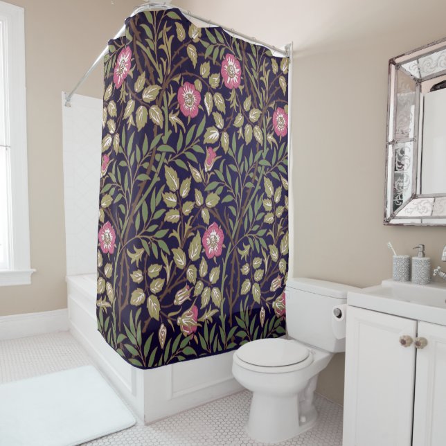 William Morris Sweet Briar Floral Art Nouveau Shower Curtain (In Situ)