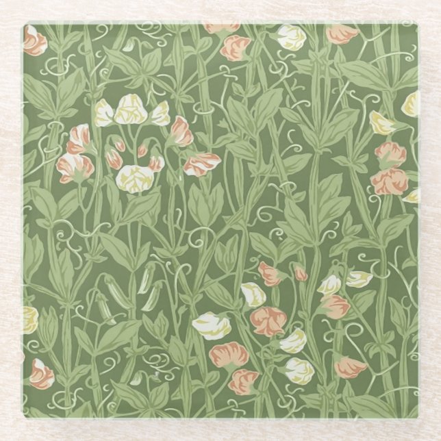 William Morris Sweet Pea Pattern Vintage Botanical Glass Coaster (Front)