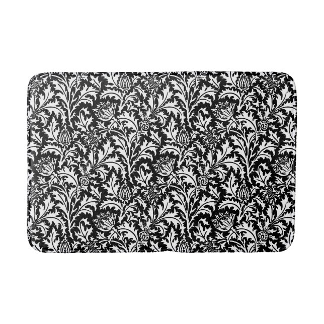 William Morris Thistle Damask, Black and White   Bath Mat (Front)