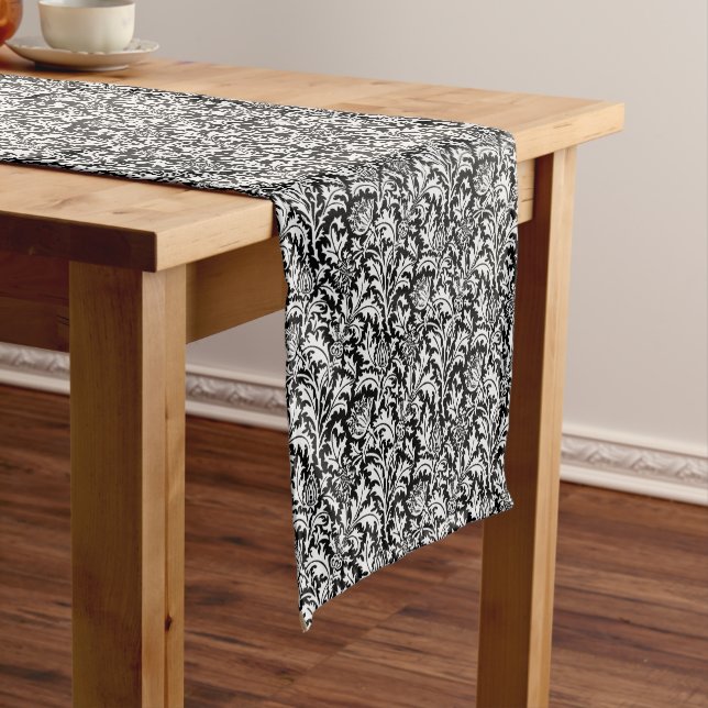 William Morris Thistle Damask, Black and White Short Table Runner (In Situ)