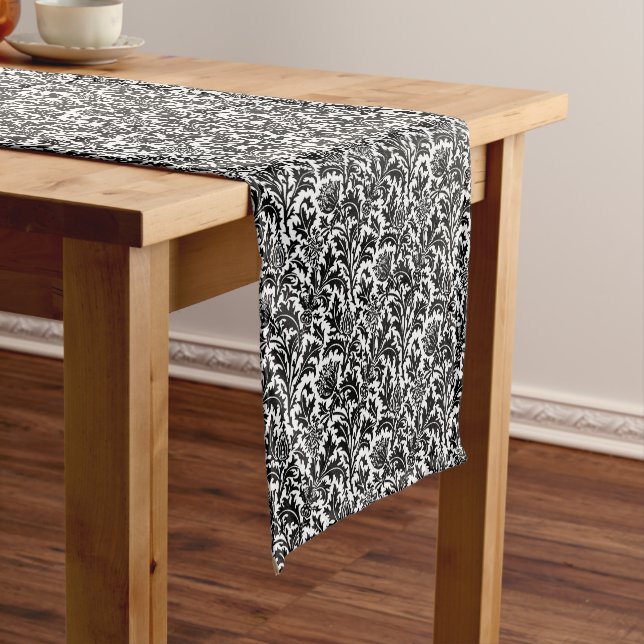 William Morris Thistle Damask, Black on White   Short Table Runner (In Situ)