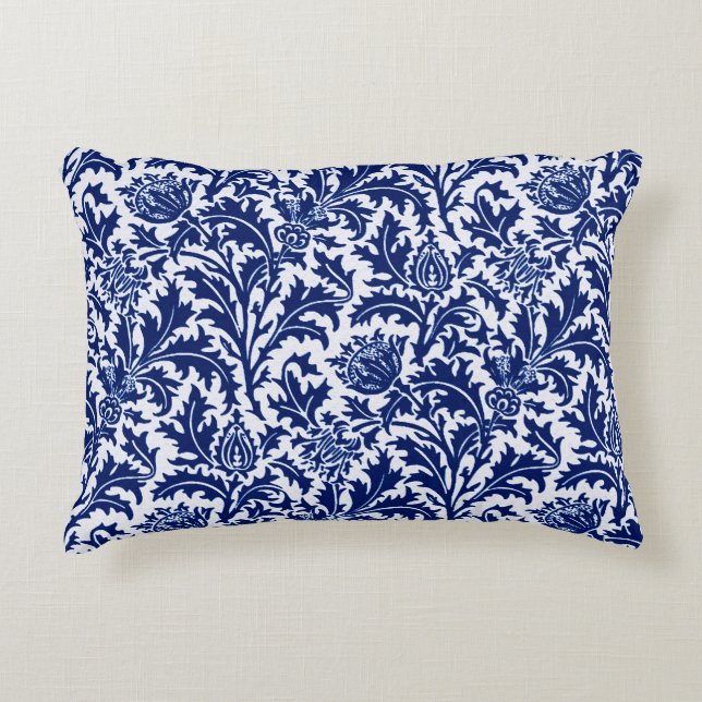 William Morris Thistle Damask, Cobalt Blue & White Decorative Cushion (Front)