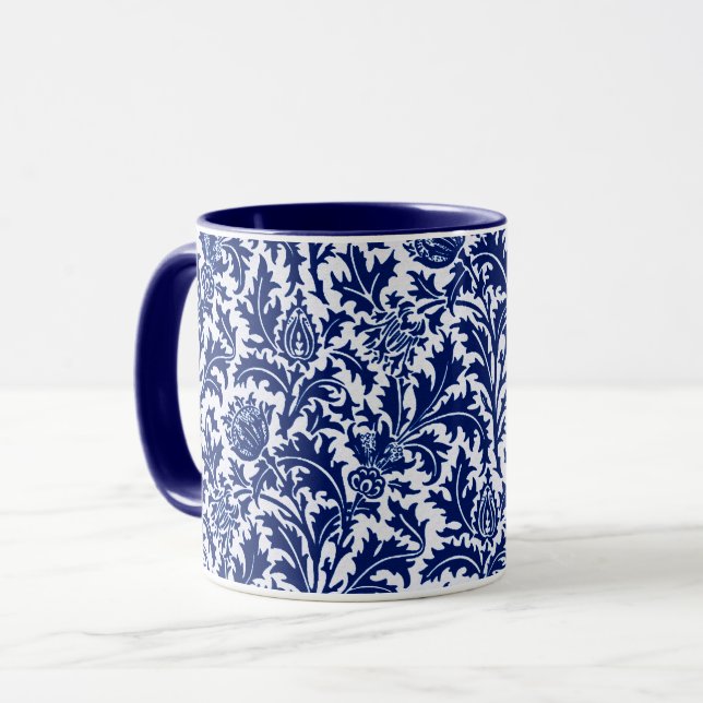 William Morris Thistle Damask, Cobalt Blue & White Mug (Front Left)