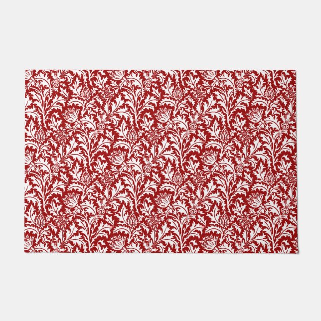 William Morris Thistle Damask, Dark Red & White Doormat (Front)