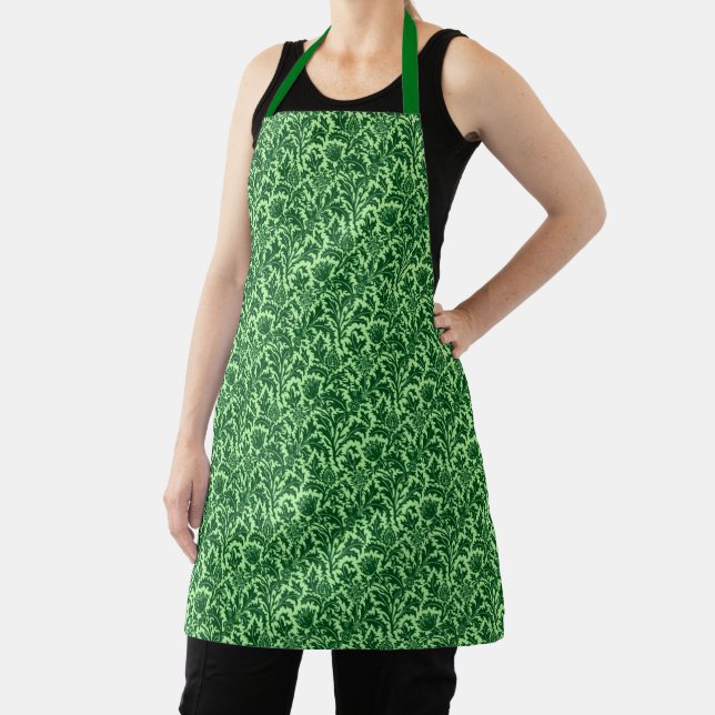 William Morris Thistle Damask, Emerald Green  Apron (Insitu)