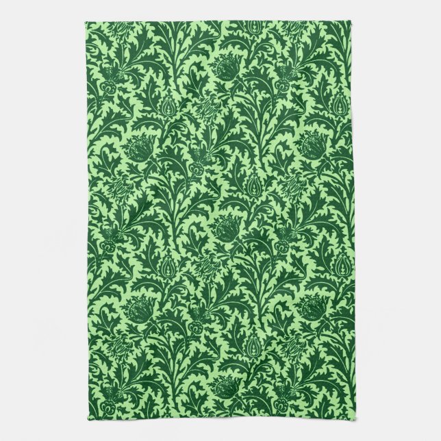 William Morris Thistle Damask, Emerald Green Tea Towel (Vertical)