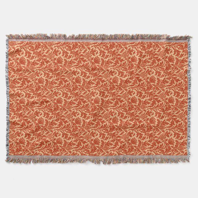 William Morris Thistle Damask, Mandarin Orange Throw Blanket (Front)