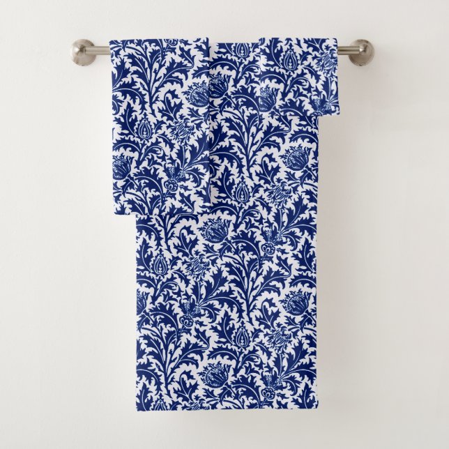 William Morris Thistle Damask, Navy Blue and White Bath Towel Set (Insitu)