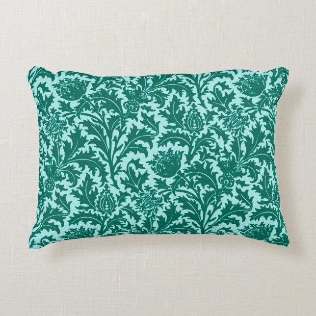 William Morris Thistle Damask, Turquoise and Aqua Decorative Cushion (Front)