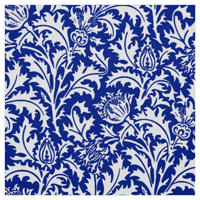 William Morris Thistle Damask White on Cobalt Blue Fabric (Swatch)