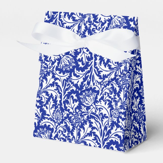 William Morris Thistle Damask White on Cobalt Blue Favour Box (Front Side)