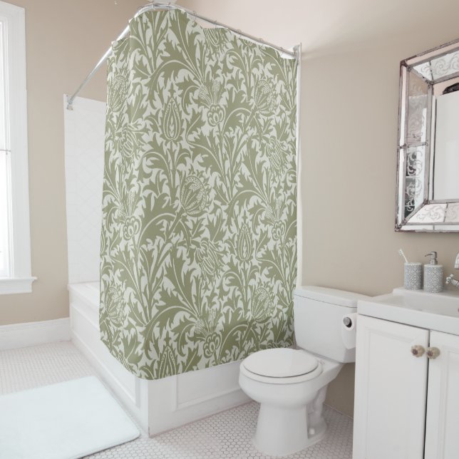 William Morris Thistle Sage Green Pattern Shower Curtain (In Situ)