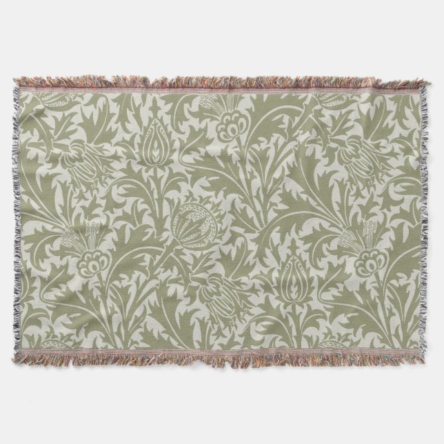 William Morris Thistle Sage Green Pattern Throw Blanket (Front)