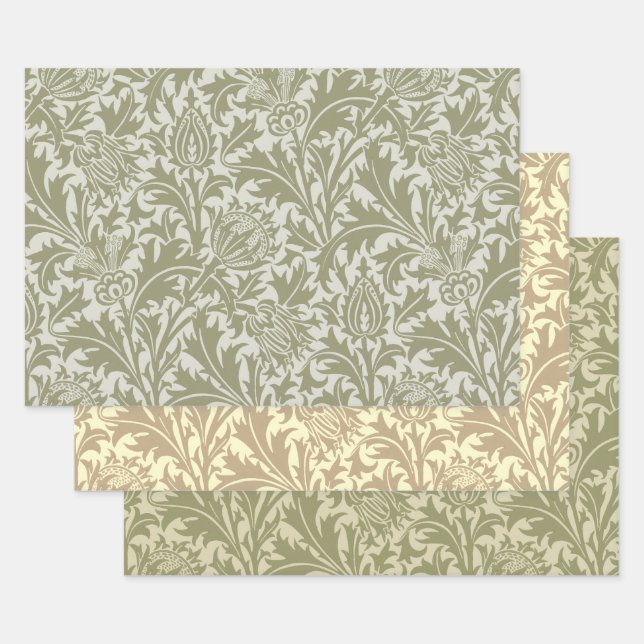 William Morris Thistle Sage Green Pattern Wrapping Paper Sheet (Set)