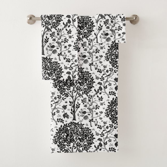 William Morris Tree of Life, Black & White Bath Towel Set (Insitu)