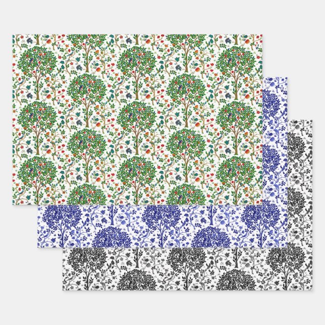 William Morris Tree of Life Cobalt, Blk/Wh, Multi  Wrapping Paper Sheet (Set)