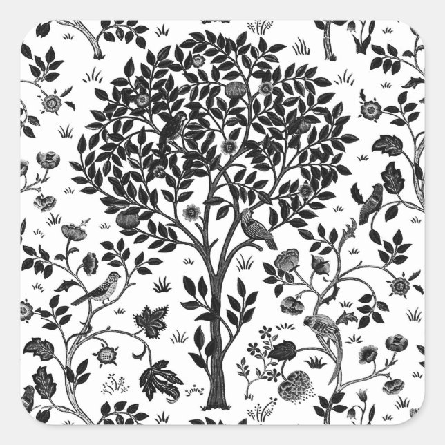 William Morris Tree of Life Pattern, Black & White Square Sticker (Front)